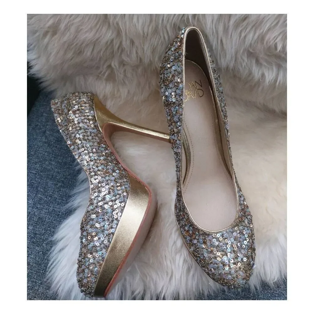 Joan & David Gold Sequin Platform Heels Pumps Size 6 Metallic Glam Party - Picture 6 of 12